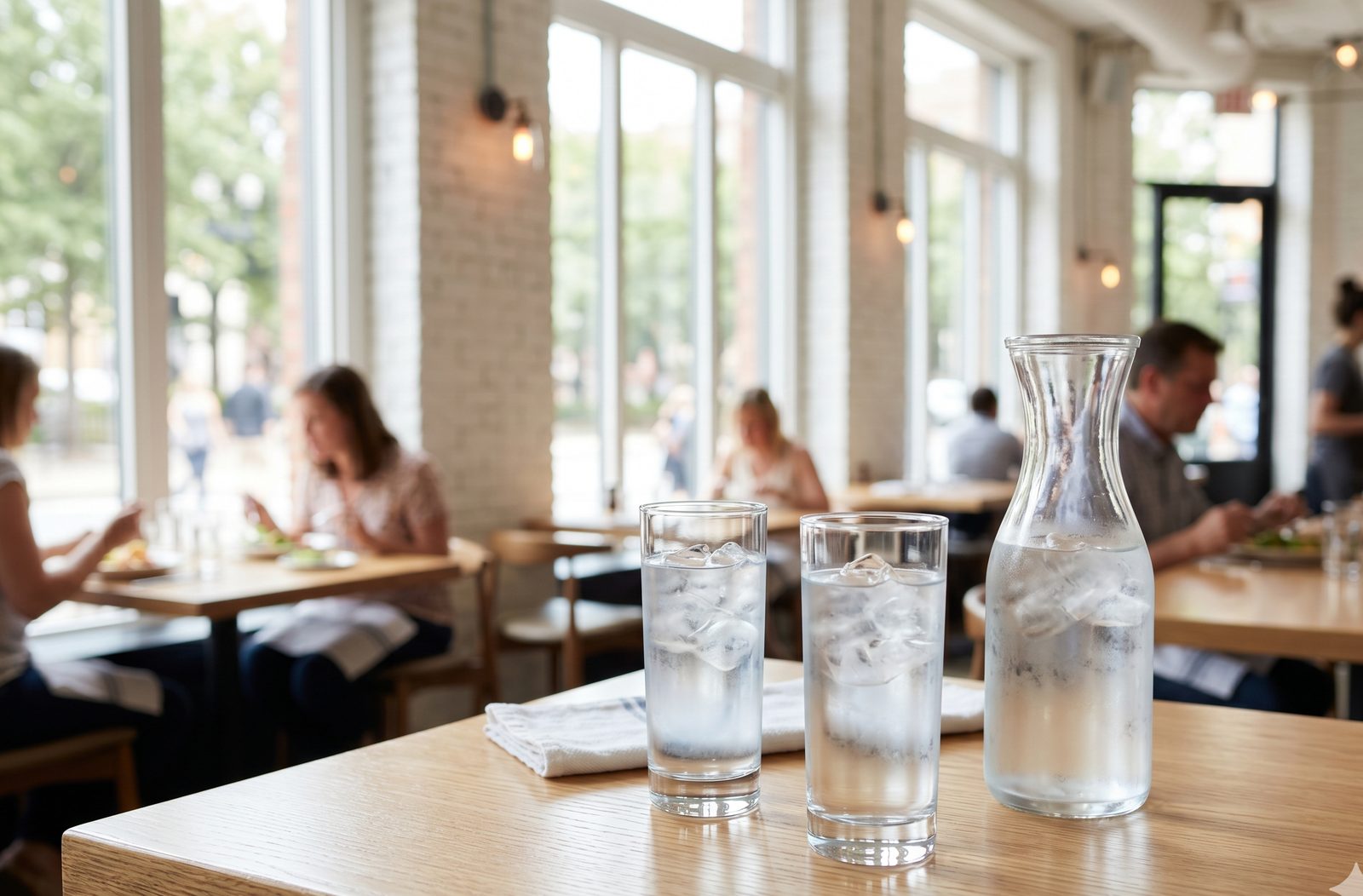 Environment illustration: glasses of iced water and a water carafe on a table in a bright restaurant dining room