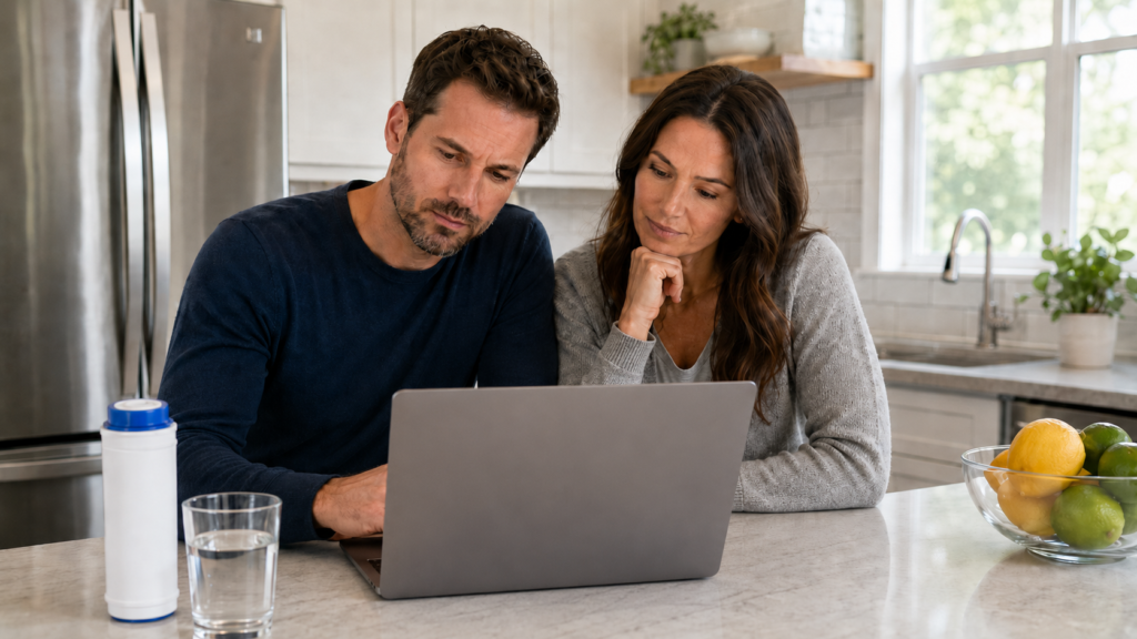 man and woman choosing aquamor water filters